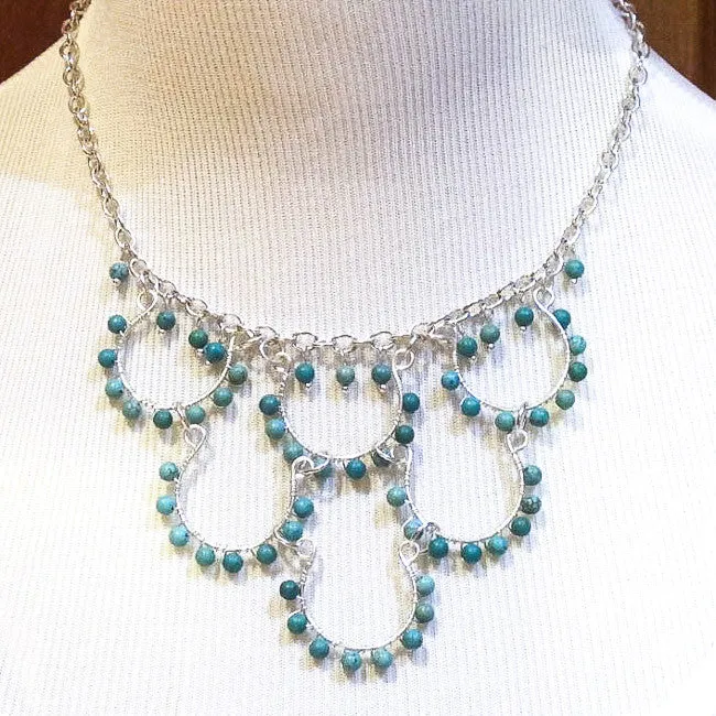 6-Loop, Hand-shaped, Bead-Wrapped, Wire Loop Necklace with Gemstones
