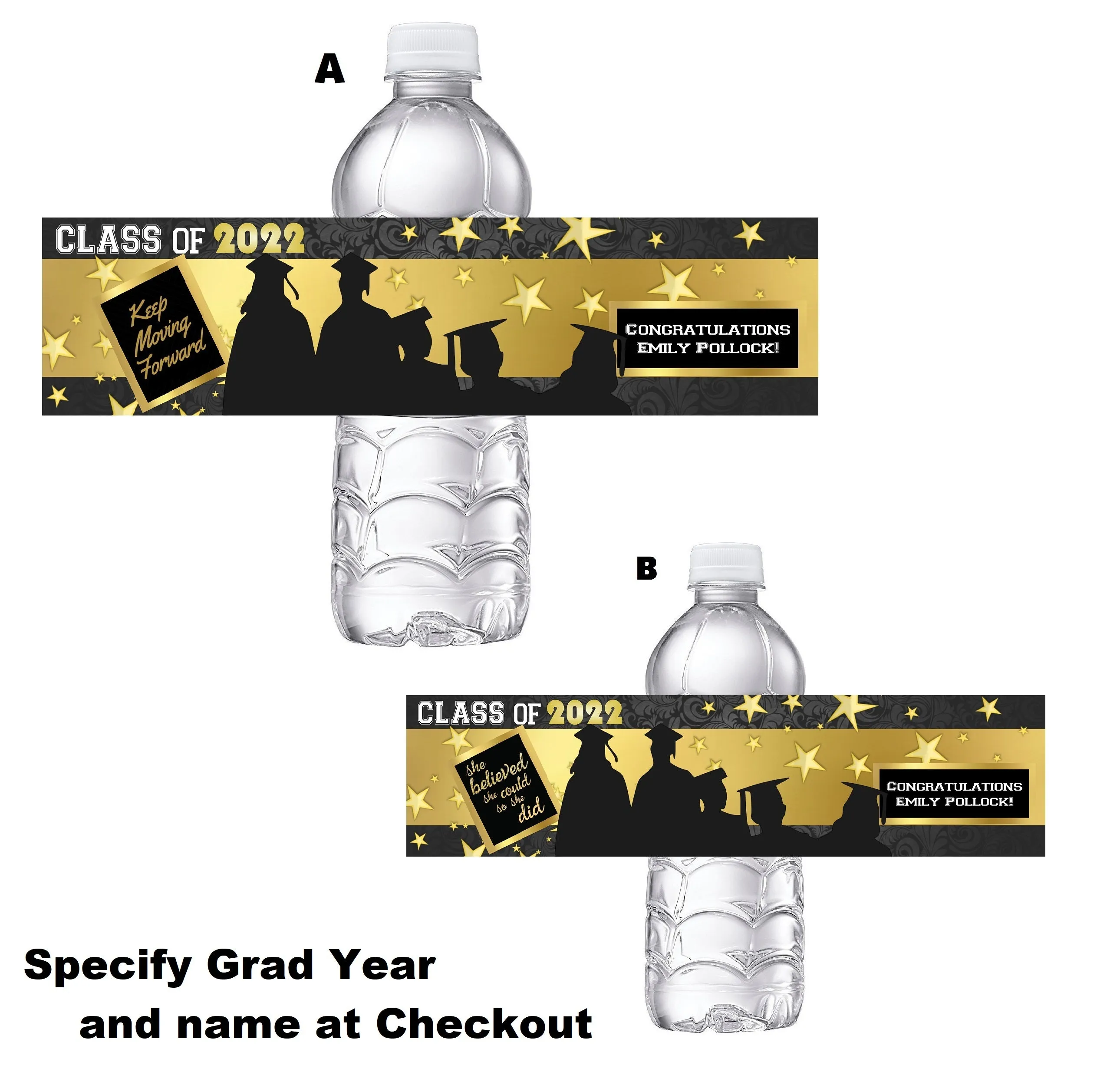 Black and Gold Graduation Party Favors Water Bottle Labels Wrappers Supplies Personalized Unique ideas decor
