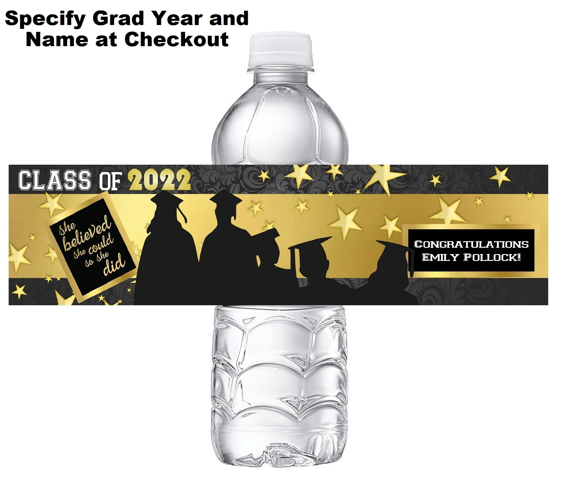 Black and Gold Graduation Party Favors Water Bottle Labels Wrappers Supplies Personalized Unique ideas decor