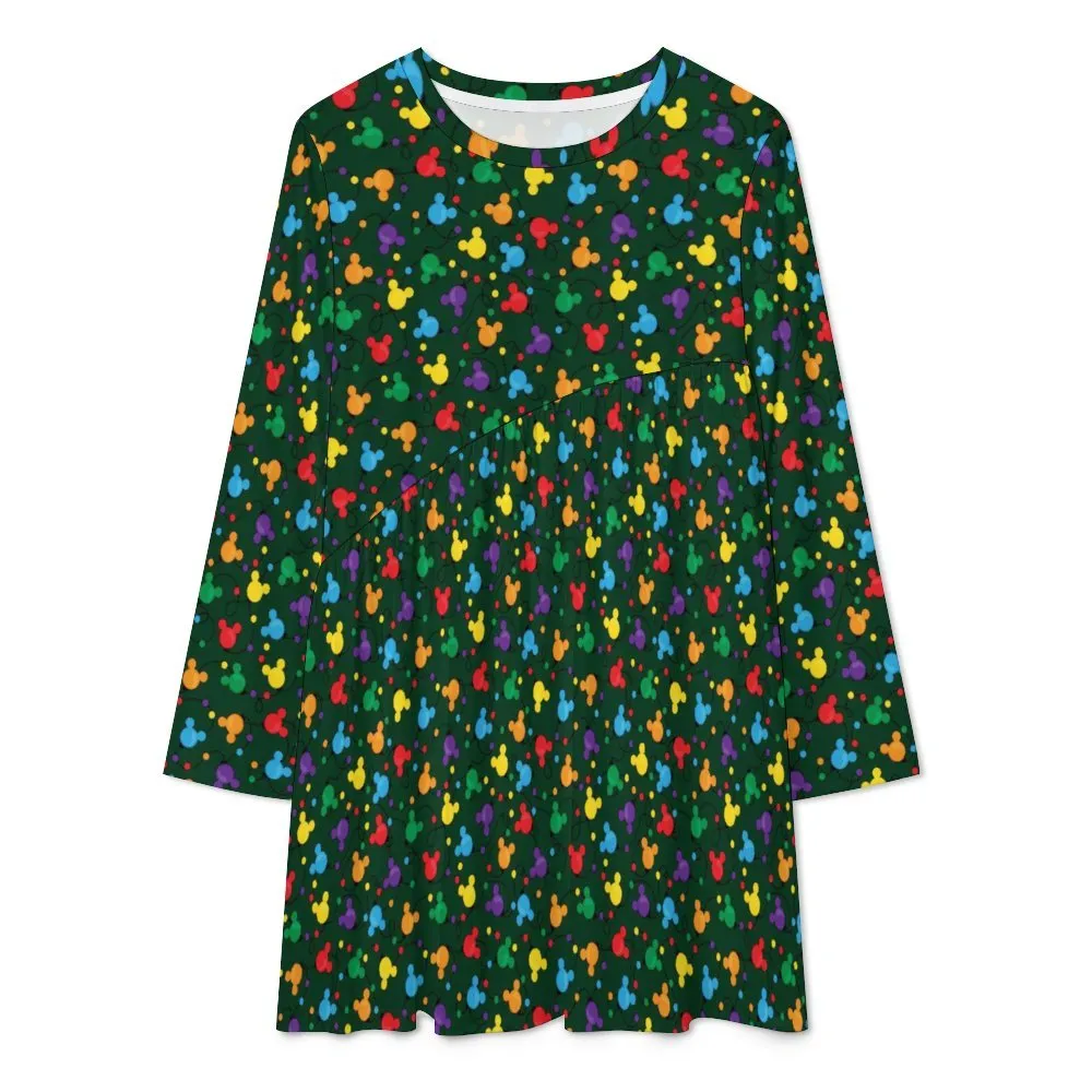 Christmas Lights Long Sleeve Patchwork T-shirt Dress