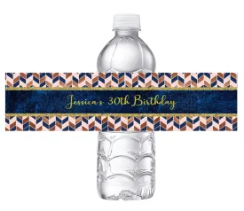Navy Blue Dusty Rose Gold Pink Chevron Party Favors Birthday Water Bottle Labels Wrappers Supplies Personalized Unique ideas decor