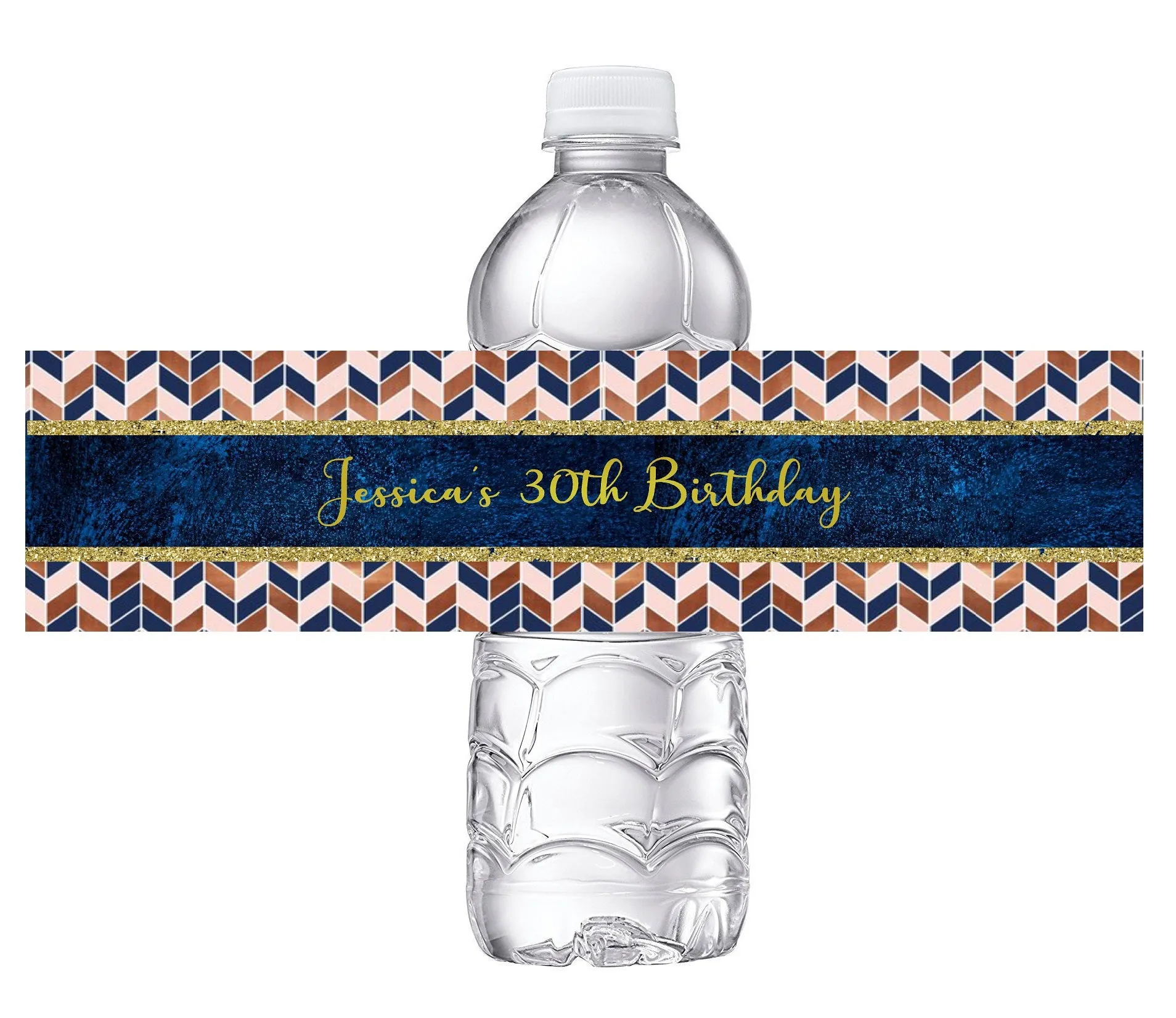 Navy Blue Dusty Rose Gold Pink Chevron Party Favors Birthday Water Bottle Labels Wrappers Supplies Personalized Unique ideas decor