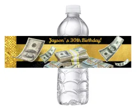 Party Favors  Money $100 Dollar Bills Gold & Black Birthday  Water Bottle Labels Wrappers Supplies Personalized