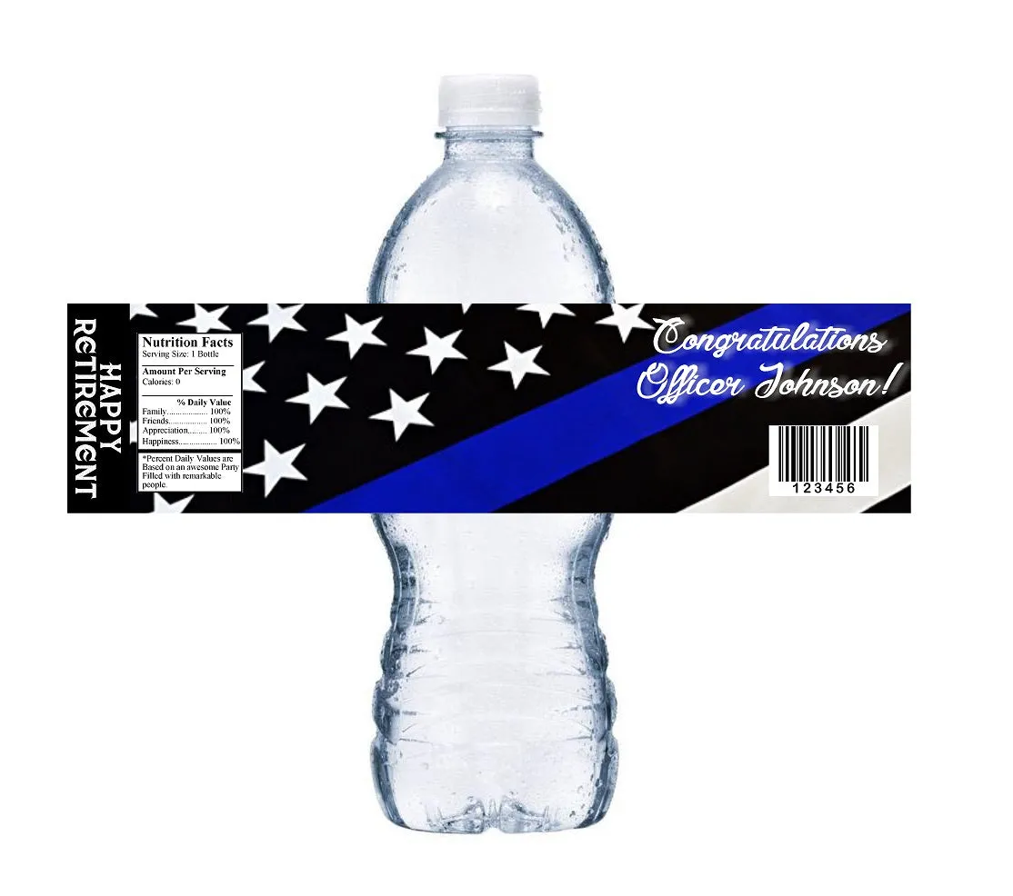 Party Favors Police Officer Cop The Thin Blue Line Happy Retirement Water Bottle Labels Wrappers Supplies Personalized