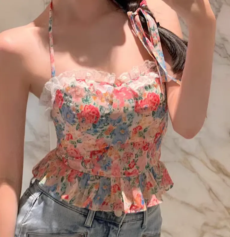 Shoulder Tying Pastel Printed Ruffled Top