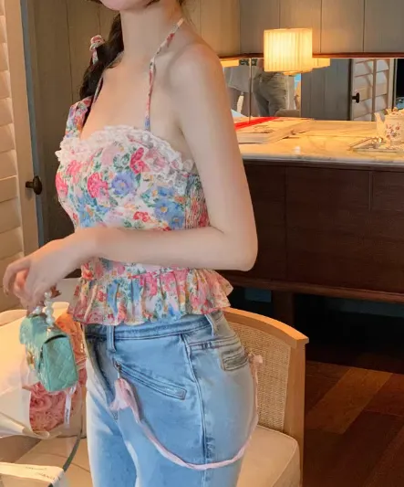 Shoulder Tying Pastel Printed Ruffled Top
