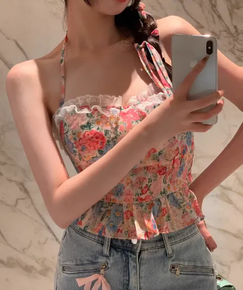 Shoulder Tying Pastel Printed Ruffled Top