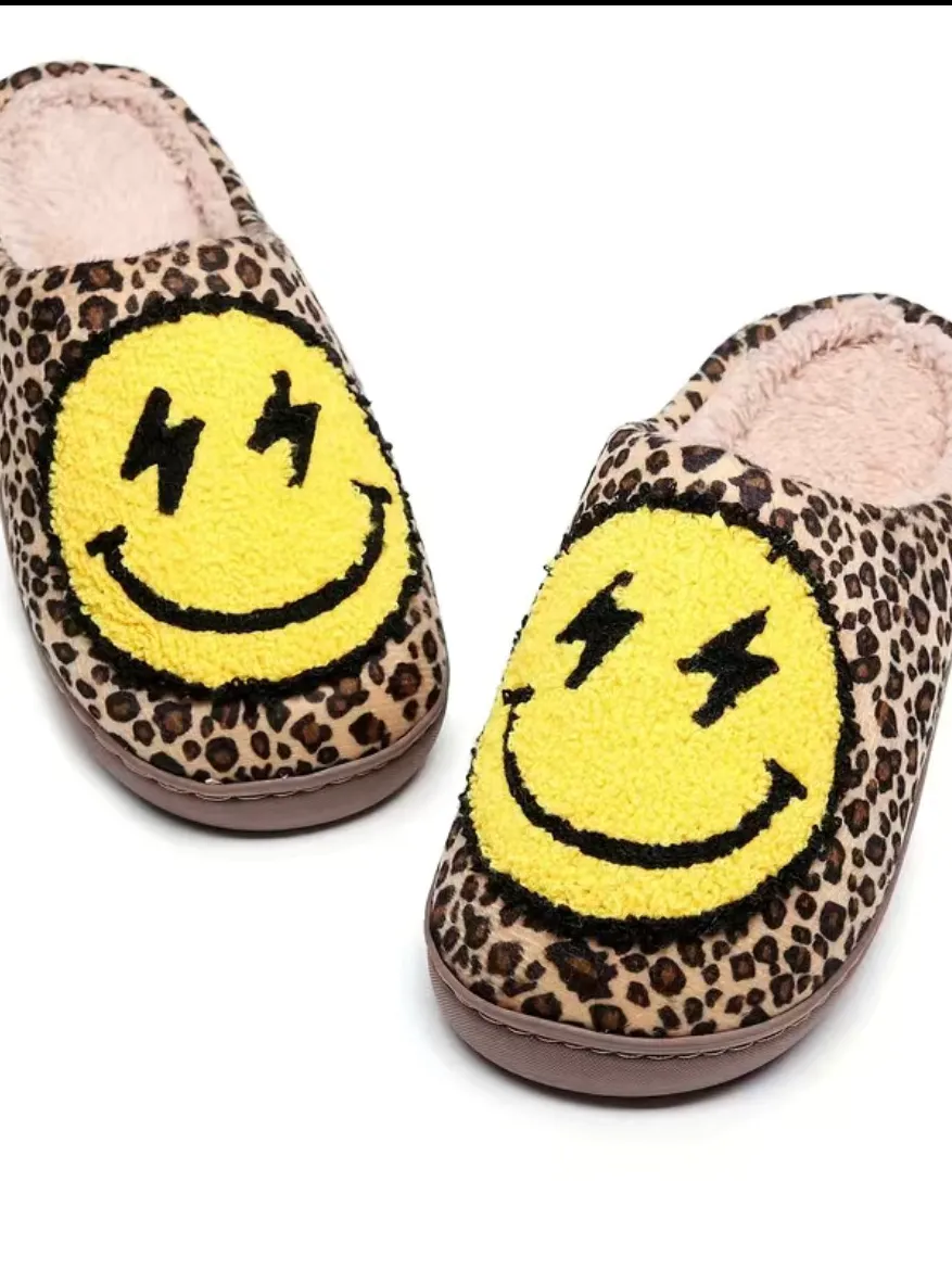 Smiley Face Leopard Plush Slippers