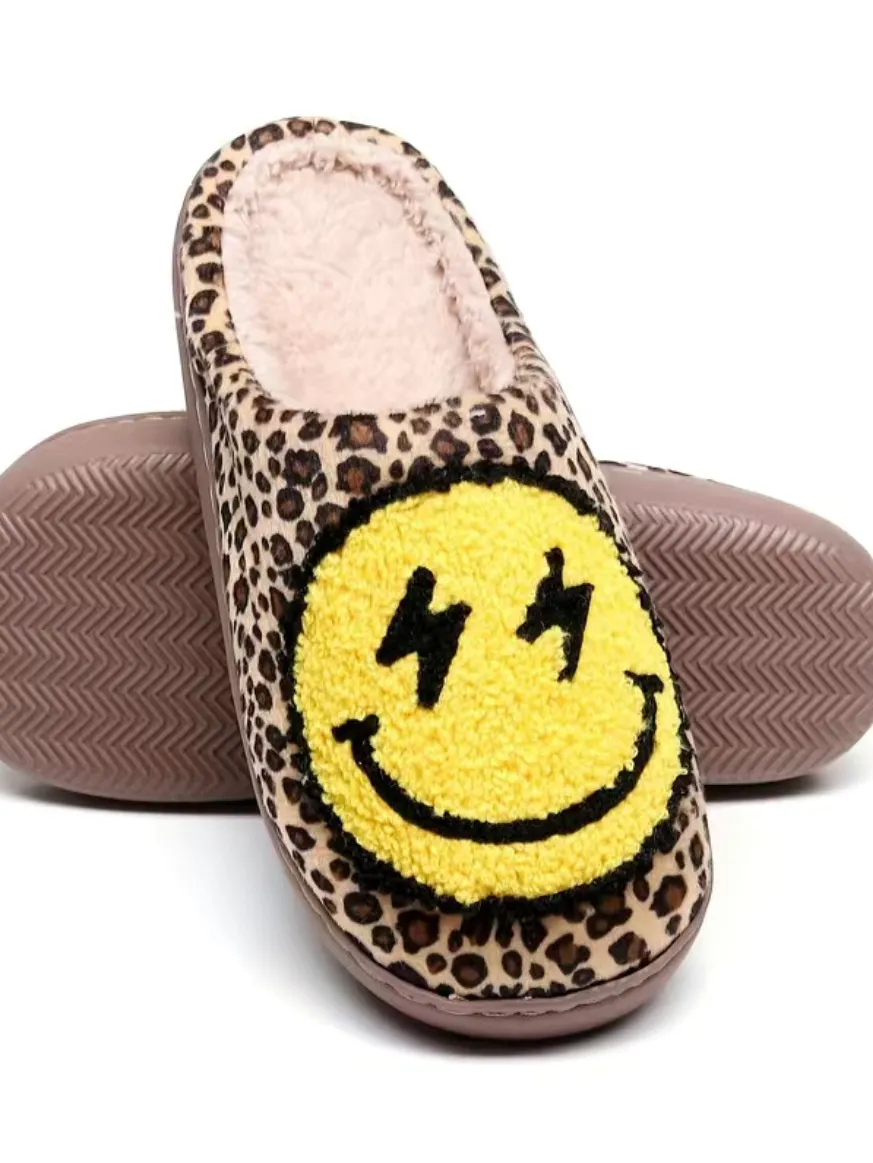 Smiley Face Leopard Plush Slippers