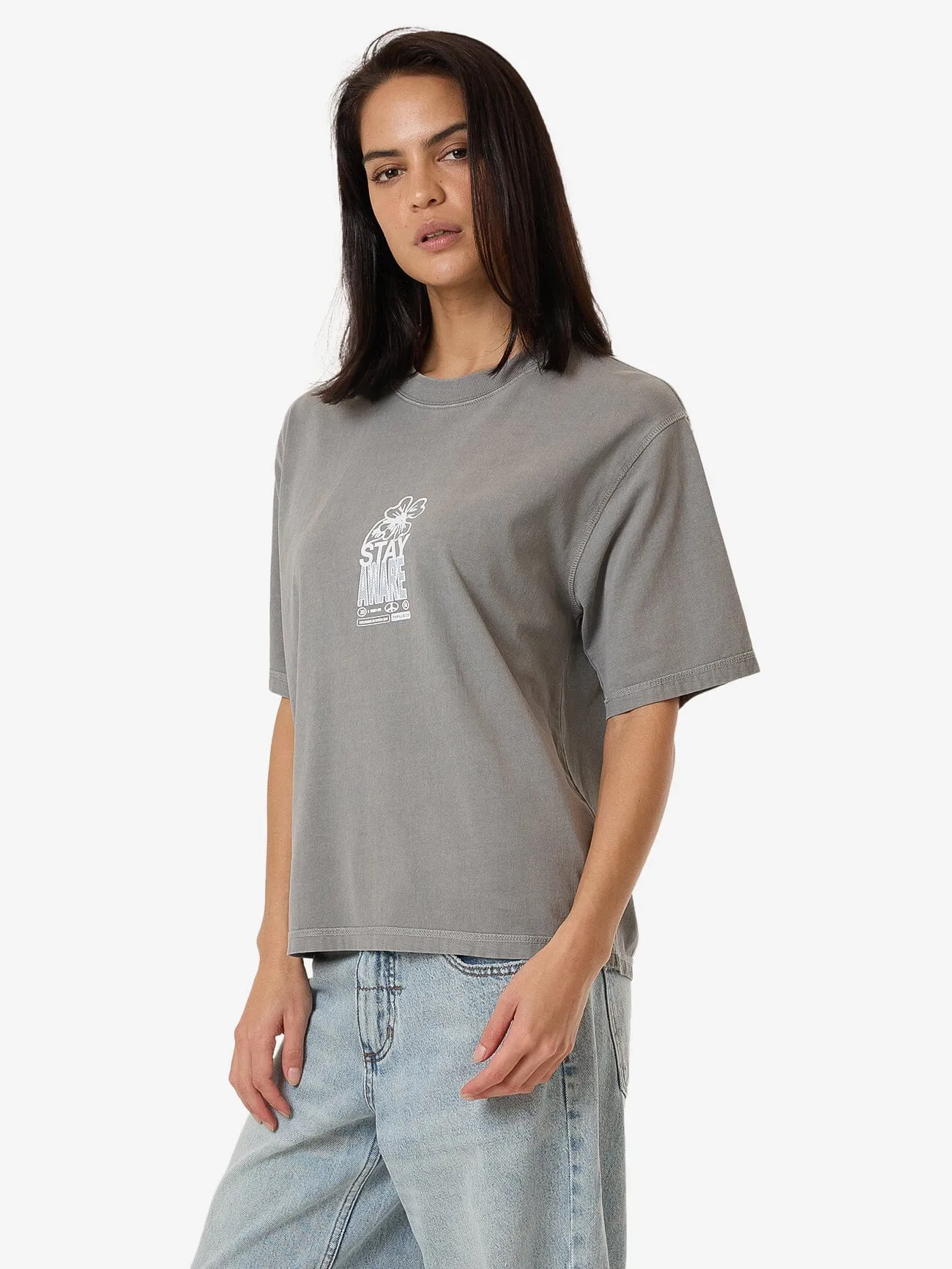 Stay Aware Square Tee - Washed Grey