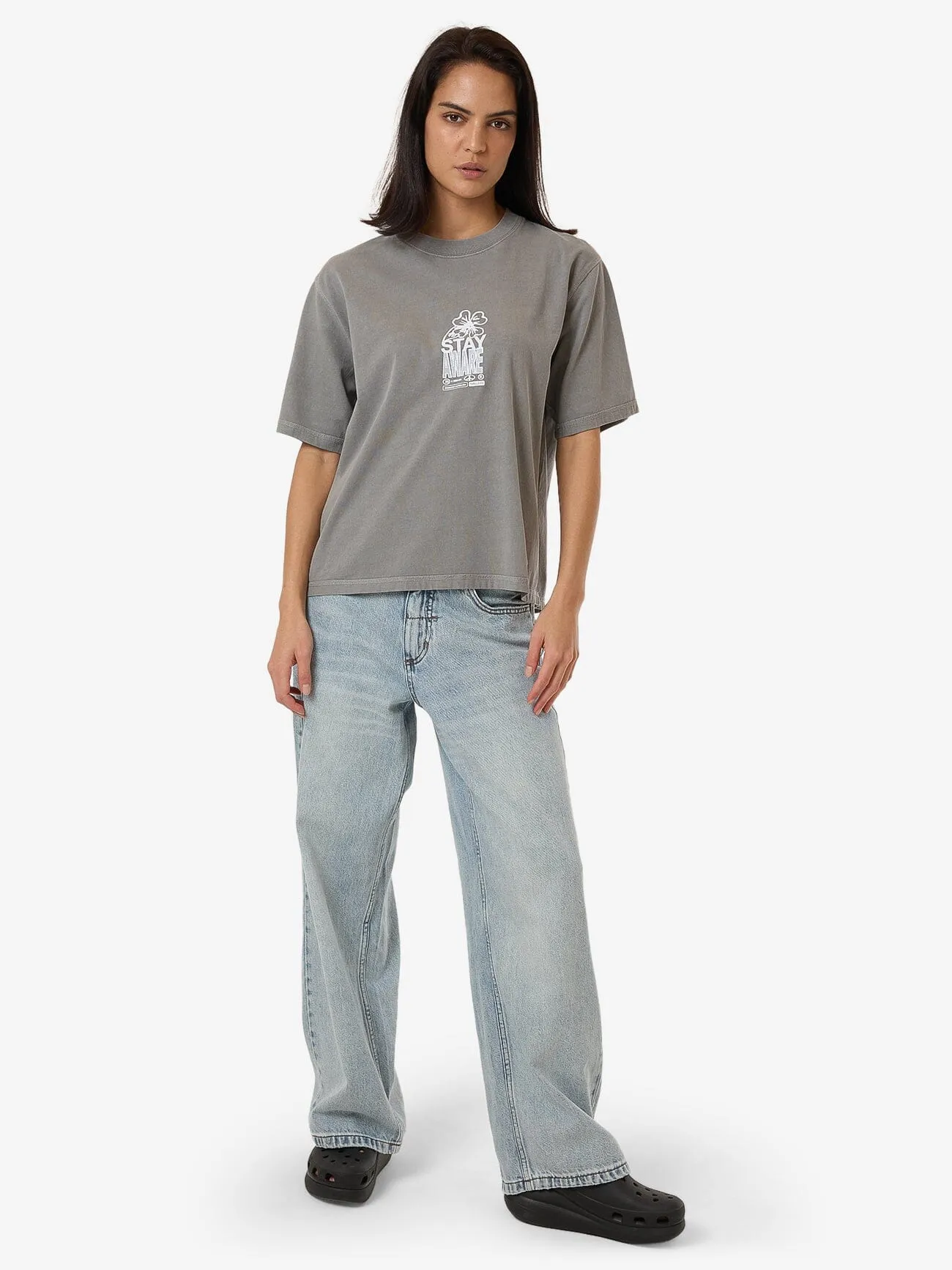 Stay Aware Square Tee - Washed Grey