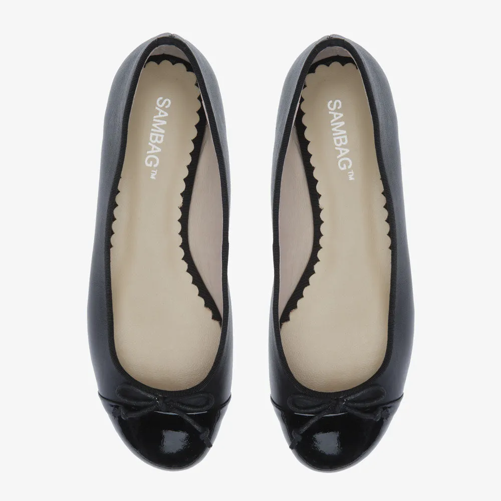 Tina Black Two Tone Black Leather with Black Patent Ballet