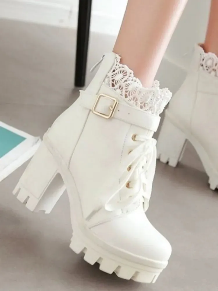 Trendy High Lace Decor Platform Heel Boots