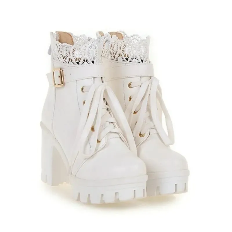 Trendy High Lace Decor Platform Heel Boots