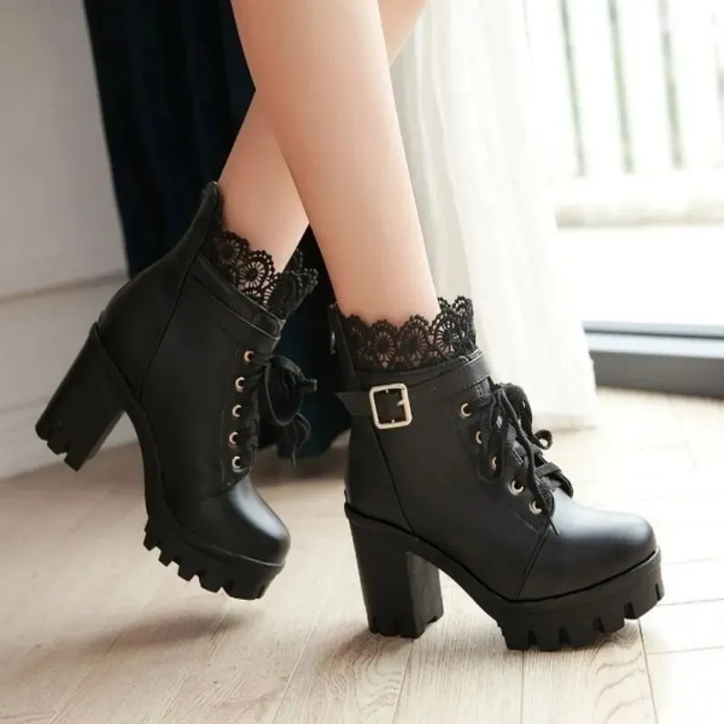 Trendy High Lace Decor Platform Heel Boots