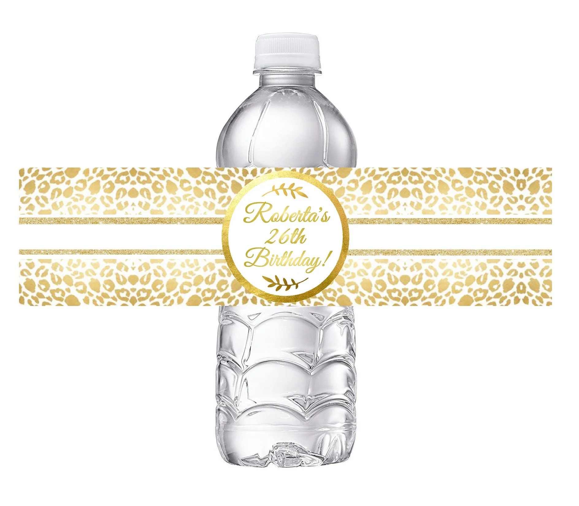 White and Gold Leopard Print Glitter Party Favors Birthday Water Bottle Labels Wrappers Supplies Personalized ideas decor Unique